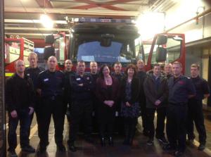 Shadow Fire Minister Lyn Brown MP with Nancy Platts, East Sussex FBU chairman Simon Herbert, Borough Commander Mark Matthews and White Watch at Hove Fire Station