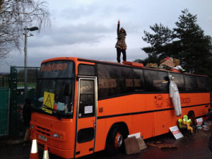 The Big Orange Bus at the Barton Moss blockade. Picture courtesy of Frack Free Manchester.