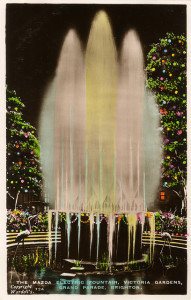 Mazda fountain lit up in colour