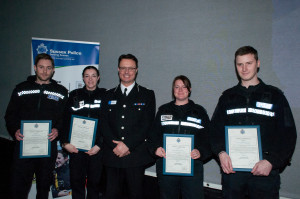 Sergeant Dave Bennett, PC Georgina Edge, PC Lizzie Luckman and PC James Conway with Assistant Chief Constable Robin Smith