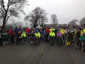 Riders pause their slow ride at the Preston Park Velodrome today