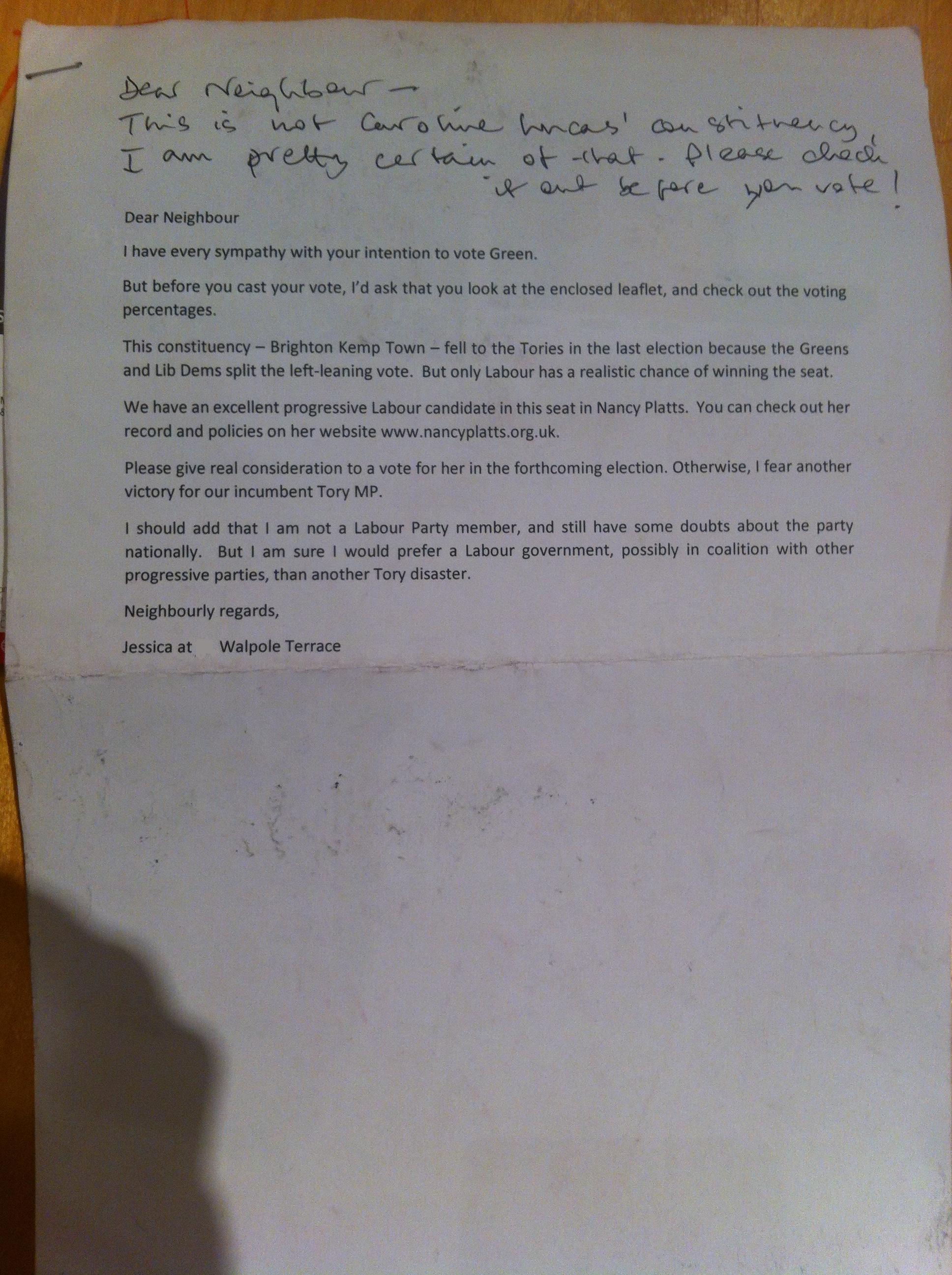 Labour supporter’s letter to Green poster households ruffles feathers