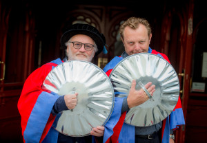 Summer graduations at the University of Brighton. Steve McNicholas (left) and Luke Cresswell (right) the founders of Stomp were awarded honorary degrees as Doctor of Arts at the ceremony held this mornining in Brighton. Picture by Jim Holden 07590 683036 Contact Phil Mills for press release P.J.Mills@brighton.ac.uk