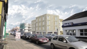 Artists impression of Lewes Road with new student block.