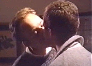 The first gay kiss on British TV by Michael Cashman as Colin Russell and Nicholas Donovan as Guido Smith in EastEnders