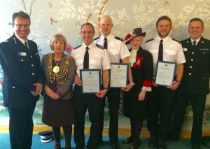 Assistant Chief Constable Robin Smith, Brighton and Hove Mayor Lynda Hyde, Sergeant Jonathan Hartley, PC Peter Swash, the High Sheriff of East Sussex Juliet Smith, PC Patrick Lewsey and Chief Superintendent Nev Kemp at the Sussex Police divisional awards