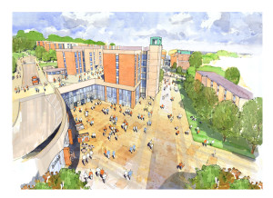 Architect's impression View of the new Students’ Union facilities looking south down Refectory Road