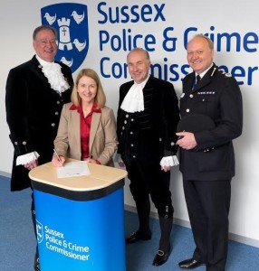 Katy Bourne with high sheriffs Mark Spofforth and Michael Foster with Chief Constable Giles York