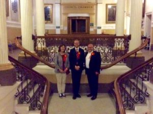 Newly elected councillor Lloyd Russell-Moyle with ward colleagues Gill Mitchell and Warren Morgan in Brighton Town Hall 