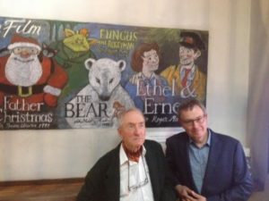 Raymond Briggs at Dukes at Komedia with Ethel and Ernest director Roger Mainwood in front of the montage by Nina Cornwall