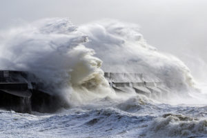Windswept waves break over Brighton Marina in February 2016 by Helen Haden