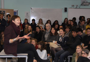 Caroline Lucas at a meeting of the BHASVIC Feminist Society