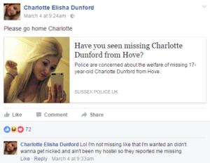 Missing Charlotte Dunford Facebook screenshot