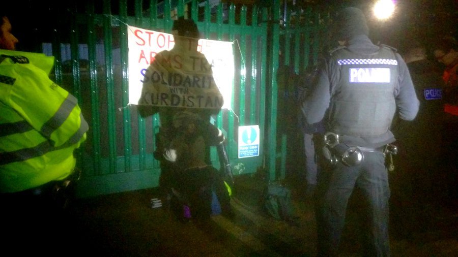 Anti war protesters chain themselves to Brighton factory