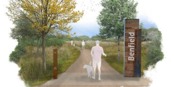 Drawn image of path through Benfield Valley.
