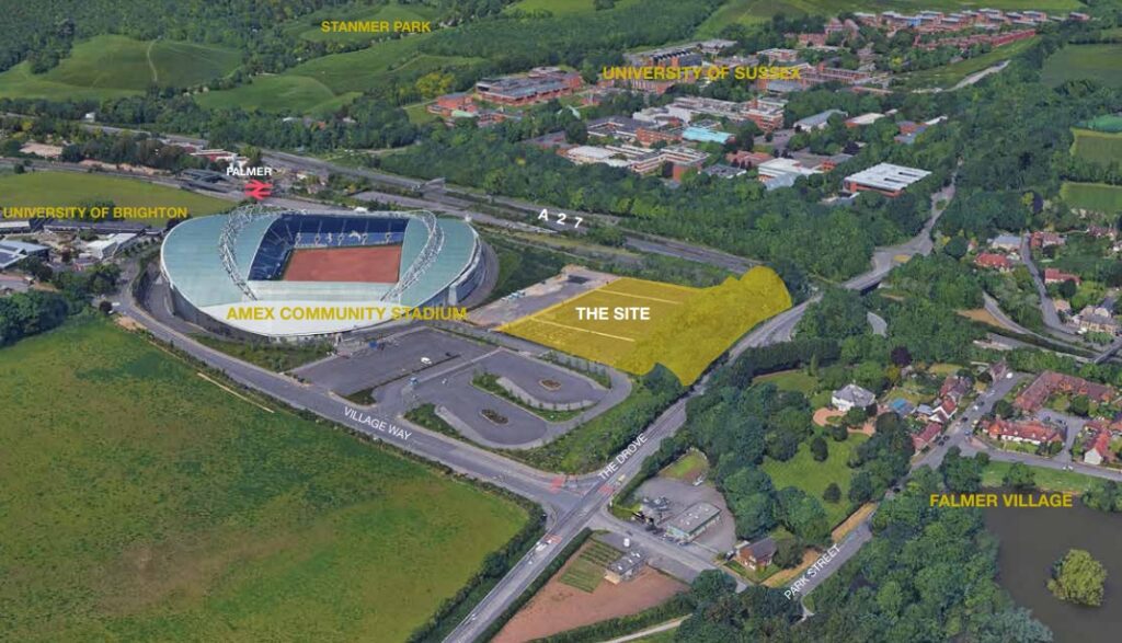 Aerial site plan showing Amex stadium to the right and the former car park to the left