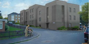 A 3D image of a three storey block with a brown-grey colour on the Windlesham House site