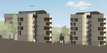 two six-storey student housing blocks, with a central two-storey link