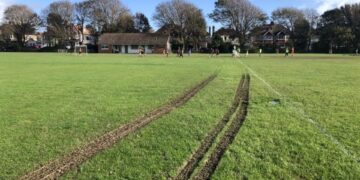 Council van rips up cricket pitch