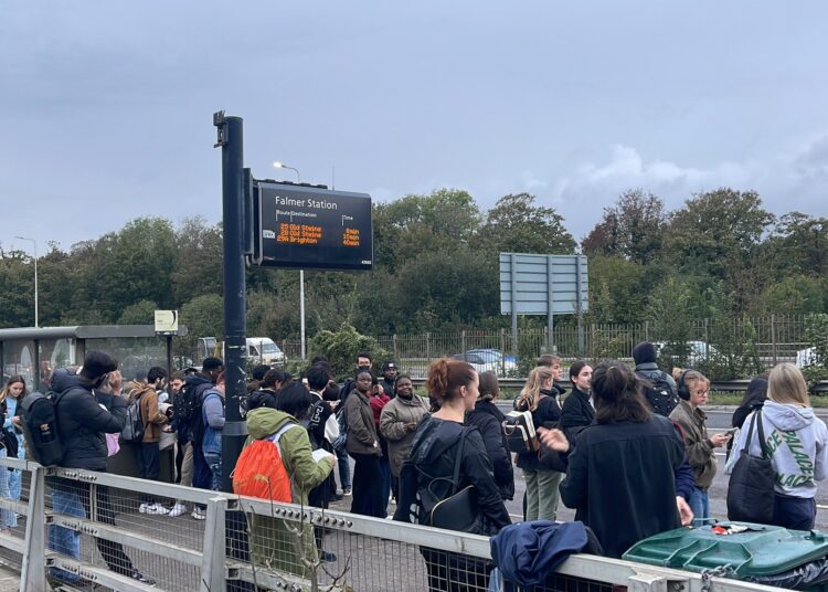 Crowds at Falmer bus stop outside university
