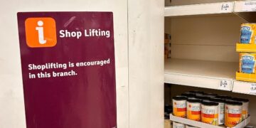 Poster saying 'shoplifting is encouraged at this branch' in Sainsbury's branding.