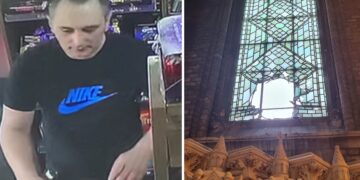 Burglar smashes church’s stained glass window