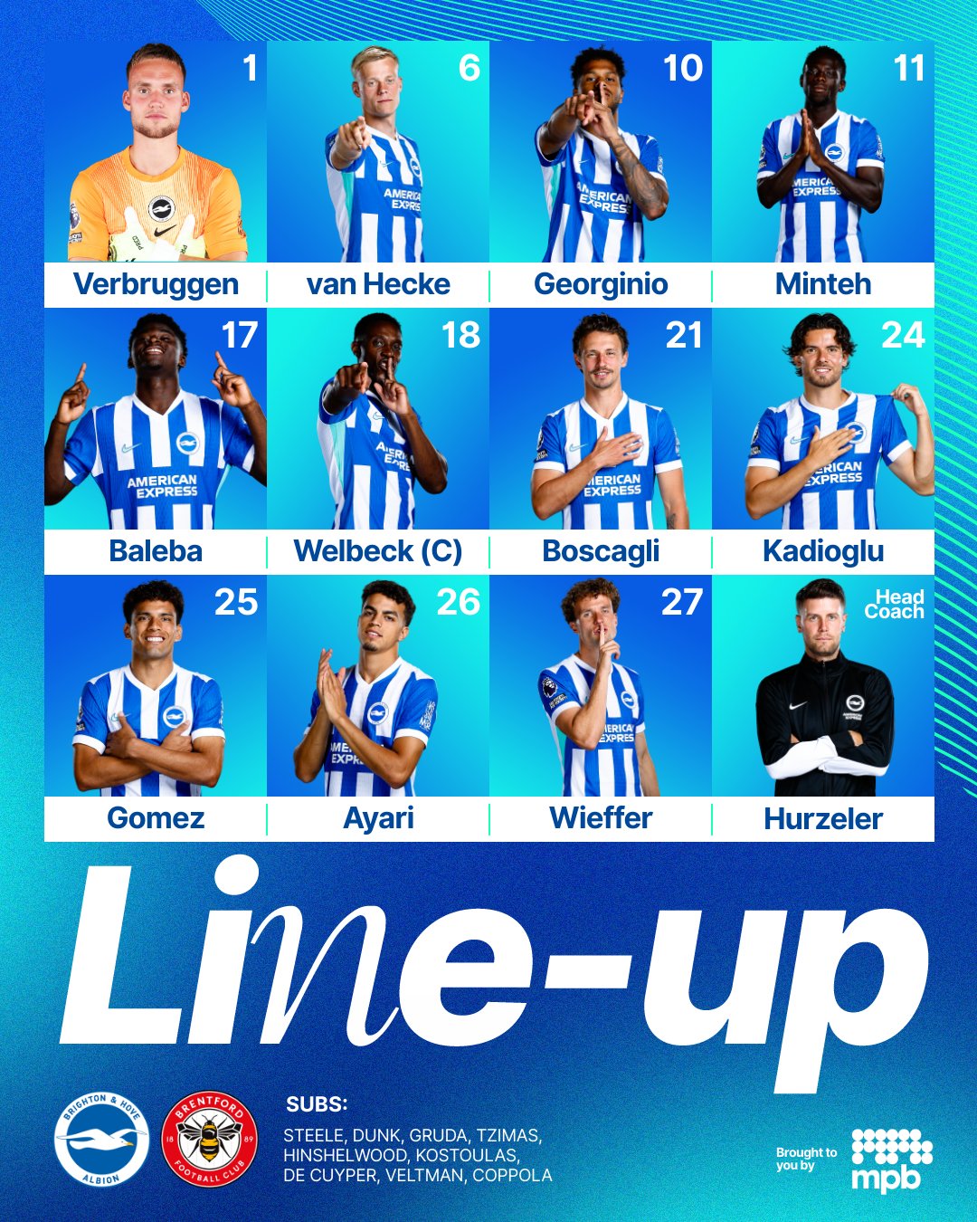 Welbeck to skipper Brighton and Hove Albion at home to Brentford